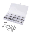 Pro Grade Square Parallel Pin Set With Flat Head Machine Pins, 140-Piece Assortment in open case with steel pins visible