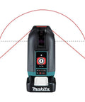Heavy Duty Cordless Cross Line Laser Level Kit With 12 Volt Battery And Red Beam Self Leveling Tech front view with 180° lines