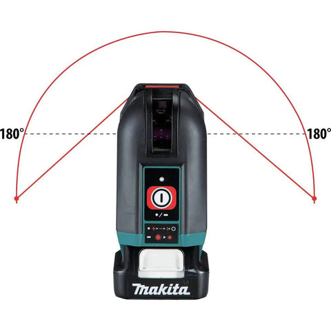 Heavy Duty Cordless Cross Line Laser Level Kit With 12 Volt Battery And Red Beam Self Leveling Tech front view with 180° lines