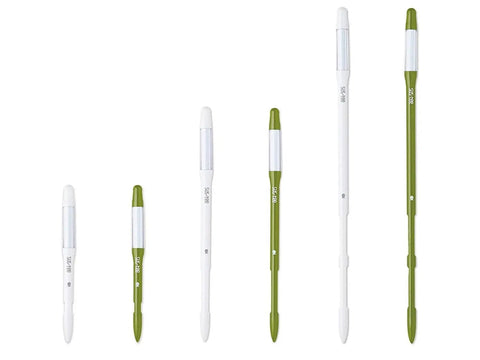 Bundle Of 2 Small Green Refillable Soil Moisture Meters For Indoor Potted Plants Leave In Probes That Continuously Track Soil Moisture Humidity And Water Level For Succulents And Small Pots No Fuss. Two green and white leave-in probes shown in different sizes.