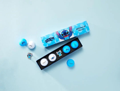 Vivid Soft Disney Golf Balls 4 Pack Gift Set With Stitch Design and matte finish on display with packaging and accessories