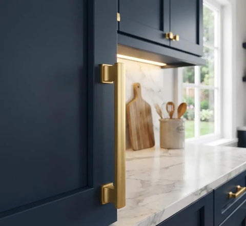 Gold Champagne Cabinet Hardware Handles Pull Set 25 Pack Fresh Sleek Contemporary Look, 4 Inch Hole Centers on dark blue cabinet door