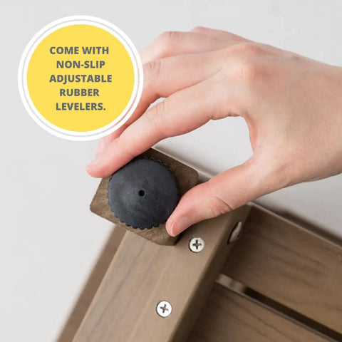 Adjusting non-slip rubber leveler on waterproof shower bench with storage shelf, 18-inch corner seat, heavy-duty HDPE wood-look frame.