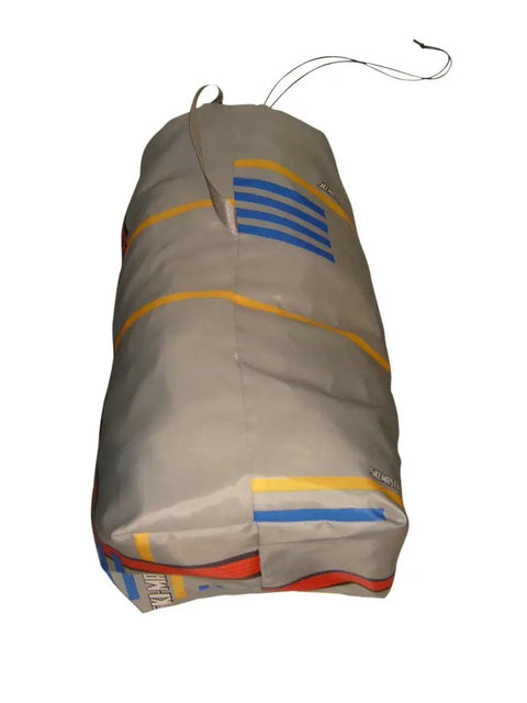 Beefy 50 Inch Giant Stuff Sack showing colorful design, water resistant nylon, drawstring top, carry strap, stows two single sleeping bags