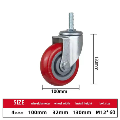 Heavy Duty M12 X 60 Bolt Casters With Silent Pu Swivel Wheels For Trolley Workbench And Scaffolding Tough As Nails Steel Base Smooth Glide Locking Brake 100mm red wheel
