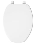 Open Front Plastic Elongated Toilet Seat for Commercial Restrooms with Heavy Duty Industrial Grade and Lid, top view.