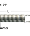 Image of a single stainless steel tension spring showing dimensions for wire and outer diameter, part of a ten pack.