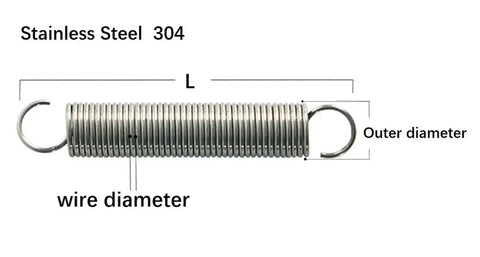 Image of a single stainless steel tension spring showing dimensions for wire and outer diameter, part of a ten pack.