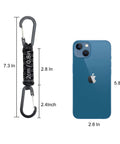 2 Pack Black Paracord Keychain Carabiner Clips With Heavy Duty Chain Hooks shown next to a phone for size comparison