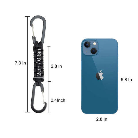 2 Pack Black Paracord Keychain Carabiner Clips With Heavy Duty Chain Hooks shown next to a phone for size comparison