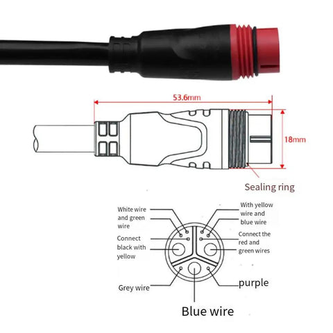 Dimensions and wiring diagram of Hub Motor Female Adapter Cable For Bafang G062 G060 G090 Ebike With 1121AM Threads