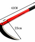 16 Inch Steel Folding Sickle Scythe For Grass And Weeds, portable yardwork tool with secure fold, displayed with measurements