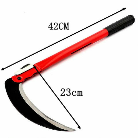 16 Inch Steel Folding Sickle Scythe For Grass And Weeds, portable yardwork tool with secure fold, displayed with measurements