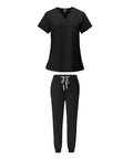 Women's Scrubs Set Top and Jogger Pants for Spa Beauty Workwear, Machine Washable Nurse Uniform, Black, XXL