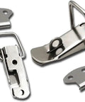 Heavy Duty Stainless Steel Flat Beak Spring Clasp With Gate Lock Design For Cabinets And Boxes This Durable Toggle Latch Keeps Things Secure In Style. stainless steel latch parts on white background
