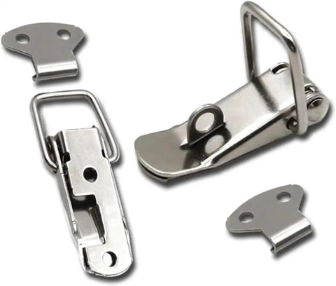Heavy Duty Stainless Steel Flat Beak Spring Clasp With Gate Lock Design For Cabinets And Boxes This Durable Toggle Latch Keeps Things Secure In Style. stainless steel latch parts on white background