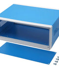 Open blue metal electronics enclosure project case with screws and cover, 12.6x10.6x4.7 inches.
