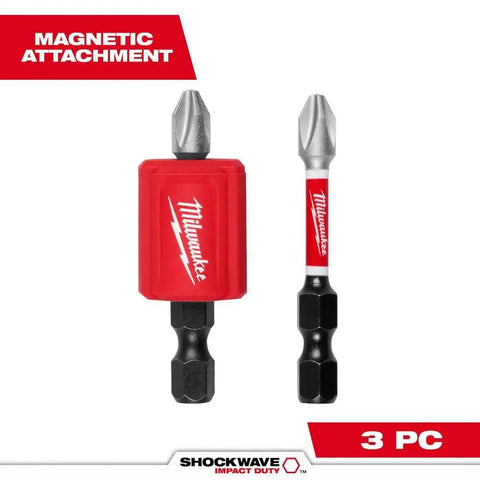 Shockwave Impact Duty PH2 Screwdriver Bit With Magnetic Attachment For Fast, Durable Torque, Anti-Slip Grip, Silver Finish Built For Pros And DIYers Tackling Heavy Jobs, 3-piece set with red casing