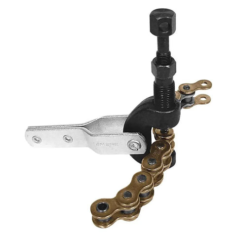Heavy Duty Chain Breaker Tool For 420 To 530 Chains With Foldaway Handle, Heat Treated Drive Pin, And 18 mm Pin Extension in use.