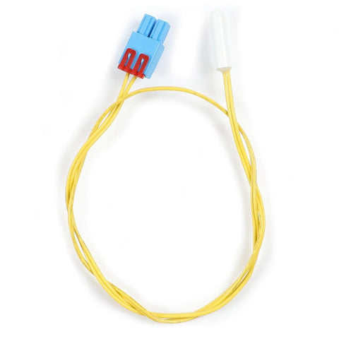 Refrigerator temperature sensor with yellow two-wire harness, blue 2-pin connector, white probe