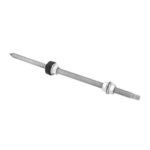 Rock Solid Four Pack Stainless Steel Double Head Screws For Solar Panel Mounting. Heavy duty screw with hex and rubber washer.