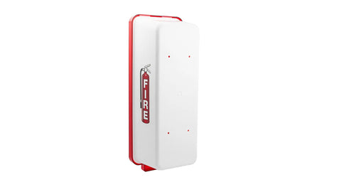 Heavy Duty White Outdoor Fire Extinguisher Cabinet With Red Pull Cover For Standard 10 Pound Units Built Tough Exterior Lock Box Surface Mounted Rock Solid Safety Storage Container