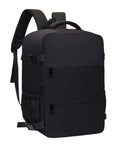 Carry On Friendly Hiking Backpack With Expandable Capacity Opens Flat For Easy Packing at Security Passes, shown in black.