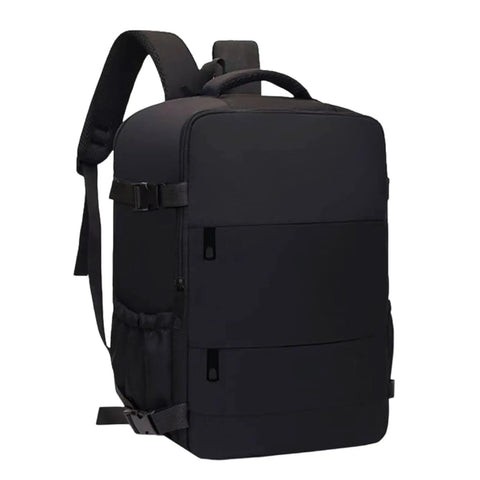 Carry On Friendly Hiking Backpack With Expandable Capacity Opens Flat For Easy Packing at Security Passes, shown in black.