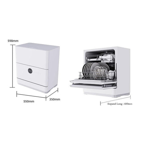 Compact Countertop Dishwasher Five Place Settings Fully Automatic Smart Air Dry shown with dimensions for small kitchens.