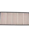 Straight Up Five Grid Leather Glasses Organizer Case with five compartments for sunglasses and watches on a neutral background.