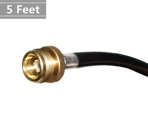 Close-up of brass fitting on 5 Foot Propane Adapter Hose That Lets Your 1 Lb Portable Appliance Hook Up To A 20 Lb Tank QCC1 Type1 Certified