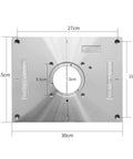 Premium Aluminum Router Table Insert Plate For Precision Wood Trimming, 27x23.5cm, features central hole and measuring guides.