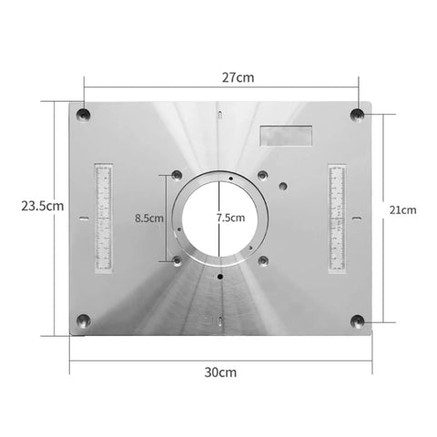 Premium Aluminum Router Table Insert Plate For Precision Wood Trimming, 27x23.5cm, features central hole and measuring guides.