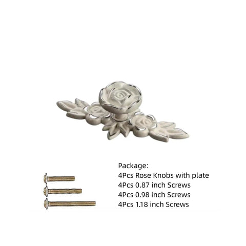 3D Rose Cabinet Knobs With Backplates, 4 Pack, Vintage Shabby Chic Zinc Alloy Drawer Handles, Ivory White With Silver Edge