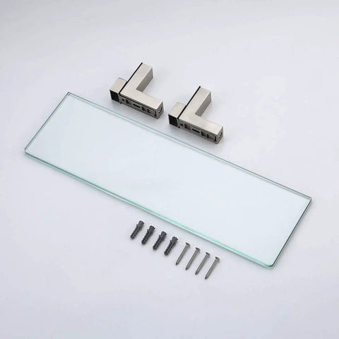 14 Inch Tempered Glass Bathroom Shelf With Wall Mount Brushed Nickel Brackets 8mm Thick Clear Glass, hardware included