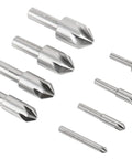 82 Degree 6 Flute HSS Countersink Set, 8 Pack, Precision Ground Countersinks, Sizes From One Quarter Inch To One Inch, displayed on white background