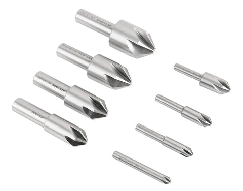 82 Degree 6 Flute HSS Countersink Set, 8 Pack, Precision Ground Countersinks, Sizes From One Quarter Inch To One Inch, displayed on white background