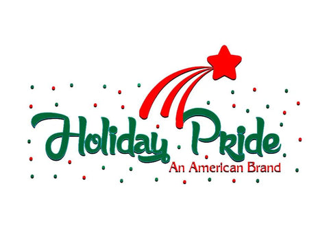 Holiday Pride logo with red star and green text, featuring slogan 'An American Brand' with festive dots around.