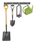 32 Inch FastTrack Garage Rail With All In One Hook Kit Black Heavy Duty Tool Organizer holding shovel, rake, watering can, and tool.