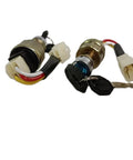 Get Your Rigs Running Smooth With This 2 Pack Of Heavy Duty Ignition Switches Featuring 4 Positions And Self Reset Start. Perfect For Forklifts, Pallet Trucks, Caravans, And Stacker Vehicles. Rock Solid Performance With A Tight 18mm Mount Hole And 3. Two black and gold ignition switches with wires and keys, designed for industrial equipment.