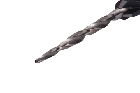 Killer 5 Piece Countersink Set For Screw Sizes 4 Through 12 Adjustable Four Cutter Drill Bit, close-up of drill bit tip.