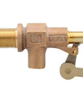Watts ST750 3/4-inch bronze float valve, side view showing male NPT inlet/outlet and lever-arm assembly
