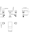 Technical diagram of Waterfall Spout Bathroom Sink Faucet in Polished Chrome for Three Hole Widespread Setup with Double Square Handles
