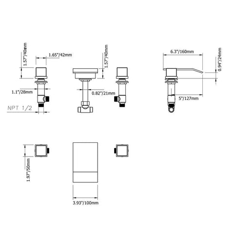 Technical diagram of Waterfall Spout Bathroom Sink Faucet in Polished Chrome for Three Hole Widespread Setup with Double Square Handles