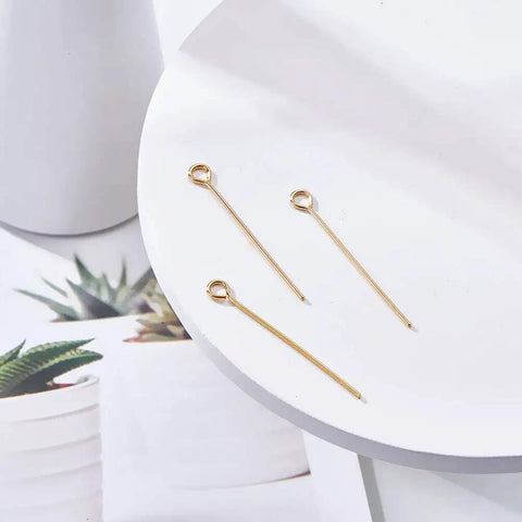 18K Real Gold Plated Eye Pins 21 Gauge 30mm Long, 100 Pack For DIY Jewelry Making, beaded brass pins on white display