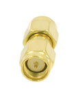 Close-up of SMA Male To SMA Male Coaxial Connectors 50 Ohm RF Adapters, gold plated with PTFE insulation, front view.