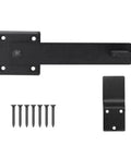 Heavy Duty Double Gate Latch For Sliding Barn Doors With Self Drilling Screws Foolproof Flip Lock Hardware showing latch and screws.