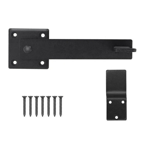 Heavy Duty Double Gate Latch For Sliding Barn Doors With Self Drilling Screws Foolproof Flip Lock Hardware showing latch and screws.