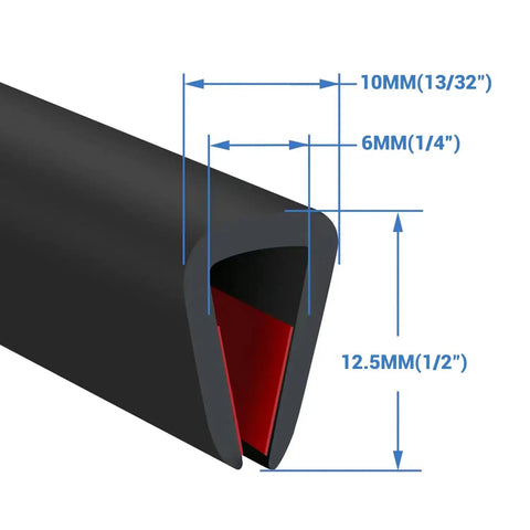 Self Adhesive Rubber Edge Trim U Channel Edge Trim For Quarter Inch Mirror And Flexiglass EPDM Material Black 20 Foot Roll Fits Quarter Inch Edges Easy Install No Glue Needed with dimensions shown