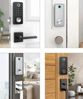 Slick Fingerprint Smart Deadbolt For Front Door Keyless Entry Keypad With Voice Remote Control Auto Lock No Sweat Family Access Smooth Drop In Setup And Chill Peace Of Mind shown on various doors with modern designs.
